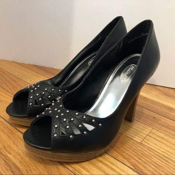 NEW black vegan leather platform peeptoe heels 5.5 Mandee cutout - Picture 9 of 12